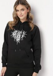 Czarna Bluza z Kapturem i Nadrukiem oraz Ściągaczami Sitta. Czarne bluzy z kapturem damskie Born2be, l. Za 74.99 zł.