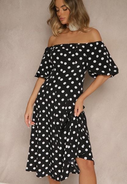 Czarna Sukienka Hiszpanka Vices w Kropki o Rozkloszowanym Kroju Zilua. Czarne sukienki damskie Renee, na spotkanie biznesowe, l, bez wzorów, z materiału, retro, bez kołnierzyka, bez ramiączek, midi, rozkloszowane. Za 119.99 zł.