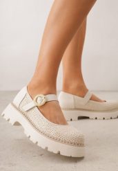 Beżowe Skórzane Półbuty Mary Jane w Stylu Chunky Zdobione Plecionką Morxina. Brązowe półbuty damskie Renee, z aplikacjami, z jeansu, retro, bez obcasa. Za 89.99 zł.