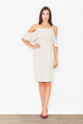 Elegancka Beżowa Sukienka Mini z Falbanką przy Dekolcie. Brązowe sukienki damskie Figl, na imprezę, xl, bez wzorów, z materiału, eleganckie, bez kołnierzyka, bez ramiączek, mini. Za 269.00 zł.
