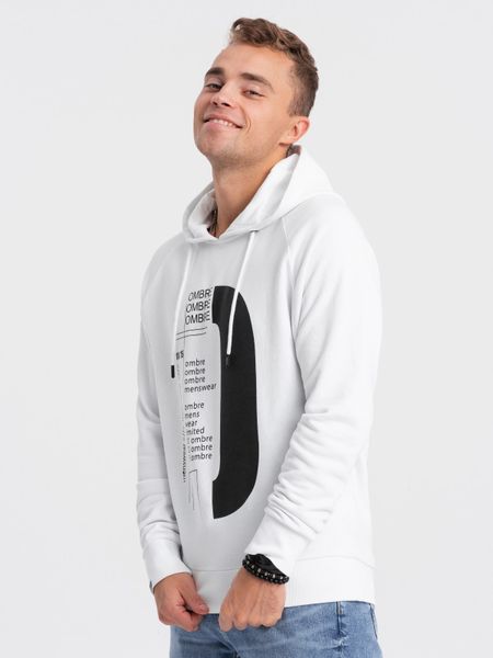 Męska bluza z nadrukiem HOODIE - biała V1. Białe bluzy z kapturem męskie Ombre Clothing, l, z bawełny. W wyprzedaży za 49.99 zł.