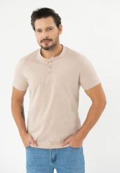 T-shirt z stójką TM-LAB. Brązowe t-shirty męskie Volcano, l, bez wzorów, z bawełny, bez kołnierzyka. Za 79.99 zł.