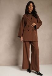 Brązowy Komplet Garniturowy Oversize Marynarka Dwurzędowa i Spodnie Wide Leg Tevilna. Brązowe spodnie materiałowe damskie Renee, z aplikacjami, eleganckie. Za 209.99 zł.