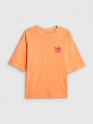 4F T-shirt boxy z nadrukiem damski - pomarańczowy XS. Brązowe t-shirty damskie 4f, xs, bez wzorów, z bawełny, bez kołnierzyka. Za 69.99 zł.