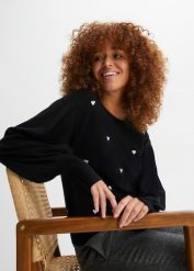 Cienki sweter z mieszanki wiskozy. Czarne swetry klasyczne damskie bonprix, z wiskozy, bez kołnierzyka. Za 112.99 zł.