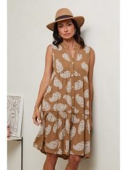 Le Monde du Lin Lniana sukienka w kolorze jasnobrązowym rozmiar: 40/42. Brązowe sukienki damskie Le Monde du Lin, bez wzorów, ze lnu, klasyczne, bez kołnierzyka, bez ramiączek, midi, rozkloszowane. Za 165.99 zł.