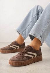 Ciemnobrązowe Sneakersy Retro Tenisówki z Naturalnego Zamszu ze Skórzaną Wkładką Beralene. Brązowe trampki i tenisówki damskie Renee, bez wzorów, z koronki. Za 189.99 zł.