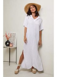 Le Monde du Lin Lniana sukienka w kolorze białym rozmiar: 36/38. Białe sukienki damskie Le Monde du Lin, bez wzorów, ze lnu, bez kołnierzyka, bez ramiączek, maxi. Za 152.99 zł.