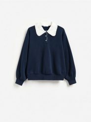 Bluza z ozdobnym kołnierzem - granatowy. Niebieskie bluzy bez kaptura damskie Reserved, l, z bawełny. Za 119.99 zł.