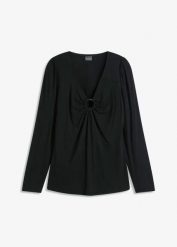 Bluzka z długim rękawem i ozdobnym dodatkiem. Czarne bluzki damskie bonprix, bez wzorów, eleganckie, bez kołnierzyka, bez ramiączek. Za 67.99 zł.