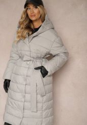 Szara Kurtka z Pikowanym Przeszyciem i Kapturem Zapinana na Napy i Wiązana w Talii Tiliola. Szare kurtki damskie Renee, l, bez wzorów, z jeansu. Za 299.99 zł.