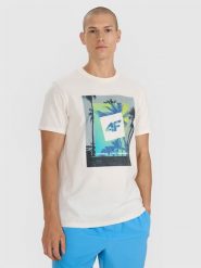 4F T-shirt regular z nadrukiem męski - beżowy M. Brązowe t-shirty męskie 4f, na lato, m, bez wzorów, z bawełny, bez kołnierzyka. Za 59.99 zł.