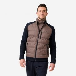 Kurtka do golfa męska ciepła hybrydowa CW900. Brązowe kurtki męskie INESIS, l, bez wzorów, z dzianiny, eleganckie, bez kaptura. Za 199.99 zł.