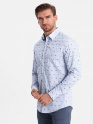 Klasyczna męska bawełniana koszula SLIM FIT w kraby - jasnoniebieska V6. Niebieskie koszule męskie Ombre Clothing, m, bez wzorów, z bawełny, bez kołnierzyka, bez ramiączek. W wyprzedaży za 69.99 zł.