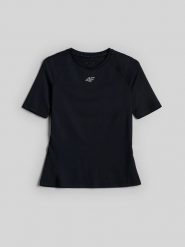 4F Koszulka treningowa slim szybkoschnąca damska - czarna L. Czarne bluzki sportowe damskie 4f, l, ze skóry, bez kołnierzyka, bez ramiączek. Za 99.99 zł.