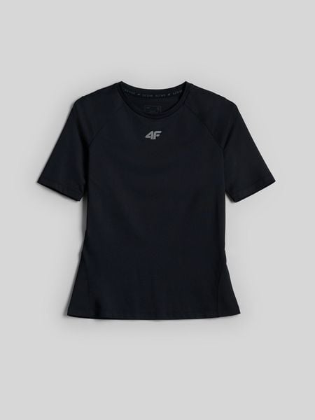 4F Koszulka treningowa slim szybkoschnąca damska - czarna M. Czarne bluzki sportowe damskie 4f, l, ze skóry, bez kołnierzyka, bez ramiączek. Za 99.99 zł.