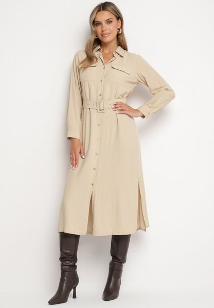 Beżowa Koszulowa Sukienka Rozkloszowana Ozdobiona Kieszeniami z Klapami i Paskiem Rinnella. Brązowe sukienki damskie Born2be, l, bez wzorów, klasyczne, bez kołnierzyka, bez ramiączek, midi, koszulowe. Za 109.99 zł.