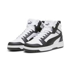 Buty damskie sportowe Puma REBOUND V6 MID JR. Białe buty sportowe na co dzień damskie Puma, bez wzorów, z gumy, do koszykówki. Za 226.75 zł.