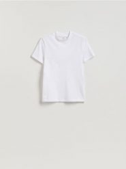 T-shirt slim fit - biały. Białe t-shirty damskie Reserved, l, bez wzorów, z bawełny, bez kołnierzyka. Za 29.99 zł.