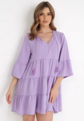 Fioletowa Sukienka Cillitrite. Fioletowe sukienki damskie Born2be, m, w ażurowe wzory, boho, bez kołnierzyka, bez ramiączek, mini, rozkloszowane. W wyprzedaży za 95.99 zł.
