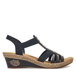 Sandały Rieker. Niebieskie sandały damskie Rieker, bez wzorów, bez obcasa, na koturnie. Za 319.99 zł.