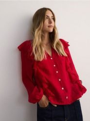 Koszula z falbanką z lyocellem - czerwony. Czerwone koszule damskie Reserved, l, bez wzorów, z lyocellu, bez kołnierzyka, bez ramiączek. W wyprzedaży za 79.99 zł.