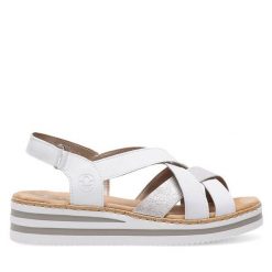 Sandały Rieker. Białe sandały damskie Rieker, bez wzorów, bez obcasa, na koturnie. Za 299.99 zł.