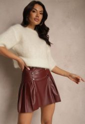 Bordowa Spódnica z Bawełną High Waist z Imitacji Skóry z Napami Tillaria. Czerwone spódniczki damskie Renee, m, bez wzorów, z bawełny, eleganckie, z podwyższonym stanem, mini. Za 99.99 zł.