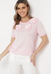 Różowa Wiskozowa Bluzka z Perełkami Cyrkoniami i Aplikacjami Kwiatków Tessia. Czerwone bluzki damskie Born2be, z aplikacjami, z wiskozy, eleganckie, bez kołnierzyka, bez ramiączek. Za 129.99 zł.