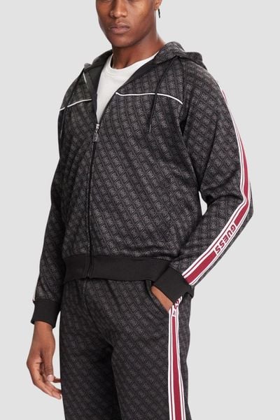 GUESS Czarna rozpinana męska bluza w monogram z lampasami i kapturem Parimo 4G, Rozmiar XXL. Czarne bluzy z kapturem męskie Guess, m, z dresówki. W wyprzedaży za 339.99 zł.