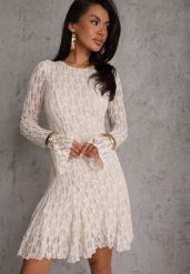 Beżowa Sukienka z Koronki Ozdobiona Rozkloszowanymi Rękawami Cinalata. Brązowe sukienki damskie Renee, l, bez wzorów, z koronki, eleganckie, bez kołnierzyka, bez ramiączek, mini, dopasowane. Za 179.99 zł.