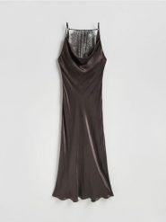 Sukienka maxi z wiskozy - ciemnobrązowy. Brązowe sukienki damskie Reserved, na co dzień, l, bez wzorów, z tkaniny, bez kołnierzyka, bez ramiączek, maxi, proste. Za 239.99 zł.