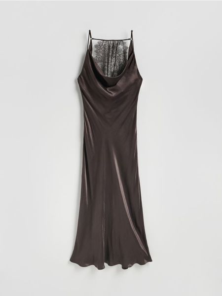 Sukienka maxi z wiskozy - ciemnobrązowy. Brązowe sukienki damskie Reserved, na co dzień, l, bez wzorów, z tkaniny, bez kołnierzyka, bez ramiączek, maxi, proste. W wyprzedaży za 129.99 zł.