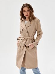 Długi płaszcz z ozdobnymi guzikami - beżowy. Brązowe płaszcze damskie Sinsay, l, bez wzorów. Za 119.99 zł.