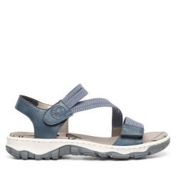 Sandały Rieker. Niebieskie sandały damskie Rieker, bez wzorów, bez obcasa, na płaskiej podeszwie. Za 289.99 zł.