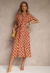 Pomarańczowa Koszulowa Sukienka z Wiskozy Ozdobiona Geometrycznym Motywem Ralomia. Brązowe sukienki damskie Renee, na co dzień, m, bez wzorów, z wiskozy, eleganckie, bez kołnierzyka, bez ramiączek, maxi, koszulowe. W wyprzedaży za 67.99 zł.