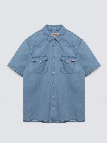 Koszula męska jeansowa z linii Authentic niebieska Short Sleeve Western 267. Niebieskie koszule męskie Big Star, na lato, l, bez wzorów, z bawełny, bez kołnierzyka, bez ramiączek. Za 249.99 zł.