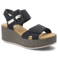 Sandały damskie Rieker, cholewka ze skóry ekologicznej zapiane na rzep fason na koturnie, granatowe, 69450-14. Niebieskie sandały damskie Rieker, bez wzorów, ze skóry ekologicznej, bez obcasa, na koturnie. Za 349.00 zł.