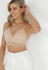 Beżowy Top Koronkowy Kleianthe. Brązowe topy damskie Born2be, m, bez wzorów, z jeansu, bez kołnierzyka. Za 74.99 zł.