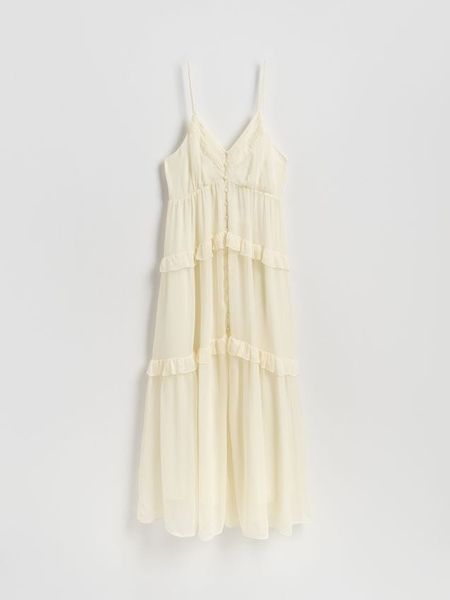 Sukienka maxi z falbanką - złamana biel. Sukienki damskie Reserved, l, bez wzorów, z tkaniny, bez kołnierzyka, bez ramiączek, maxi, rozkloszowane. W wyprzedaży za 119.99 zł.