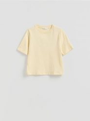 T-shirt z bawełną - jasnożółty. Żółte t-shirty damskie Reserved, l, bez wzorów, z bawełny, bez kołnierzyka. Za 59.99 zł.