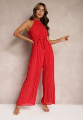 Czerwony Kombinezon z Dekoltem Typu Halter i Gumką w Talii Zolefia. Czerwone kombinezony damskie Renee, bez wzorów, eleganckie, bez kołnierzyka, bez ramiączek, długie. Za 69.99 zł.