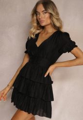Czarna Rozkloszowana Sukienka Ozdobnymi Falbankami i Bufiastymi Rękawami Felfea. Czarne sukienki damskie Renee, na co dzień, m, bez wzorów, eleganckie, bez kołnierzyka, bez ramiączek, mini, proste. W wyprzedaży za 103.99 zł.