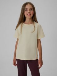 4F T-shirt regular gładki dziewczęcy - kremowy 134 (8-9 lat). Brązowe koszulki dziewczęce 4f, bez wzorów, z bawełny, bez ramiączek. Za 29.99 zł.