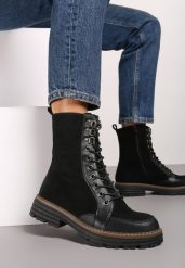 Czarne Botki Workery na Płaskiej Podeszwie ze Sznurowaniem Riedaria. Czarne botki damskie Renee, z bawełny, eleganckie, bez obcasa, na płaskiej podeszwie, bez zapięcia. Za 199.99 zł.
