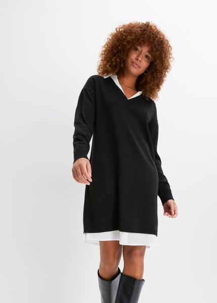 Sukienka dzianinowa z koszulową wstawką. Czarne sukienki damskie bonprix, bez wzorów, z dzianiny, bez kołnierzyka, bez ramiączek, koszulowe. Za 149.99 zł.