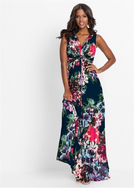 Długa sukienka letnia. Niebieskie sukienki damskie bonprix, na lato, z aplikacjami, bez kołnierzyka, bez ramiączek, maxi. Za 159.99 zł.