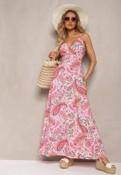 Różowa Rozkloszowana Sukienka na Lato Ozdobiona Printem Paisley z Kopertowym Dekoltem Dionita. Czerwone sukienki damskie Renee, na co dzień, na lato, l, bez wzorów, eleganckie, bez kołnierzyka, bez ramiączek, maxi, kopertowe. W wyprzedaży za 52.49 zł.