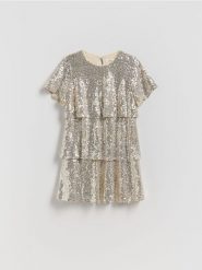 Cekinowa sukienka - złoty. Żółte sukienki dziewczęce Reserved, bez wzorów, z dzianiny, bez ramiączek. Za 129.99 zł.