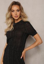 Czarna Bluzka z Krótkim Rękawem z Metaliczną Nicią Beganta. Czarne bluzki damskie Renee, m, bez wzorów, bez kołnierzyka, bez ramiączek. Za 74.99 zł.